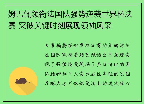姆巴佩领衔法国队强势逆袭世界杯决赛 突破关键时刻展现领袖风采