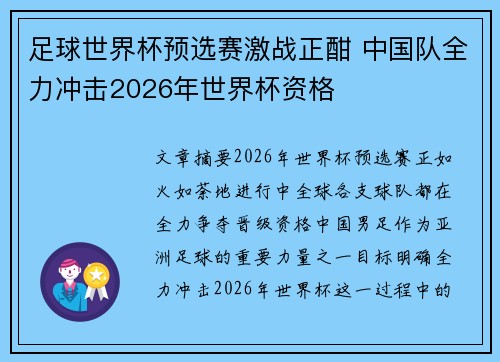 足球世界杯预选赛激战正酣 中国队全力冲击2026年世界杯资格
