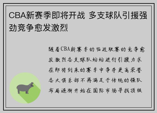 CBA新赛季即将开战 多支球队引援强劲竞争愈发激烈
